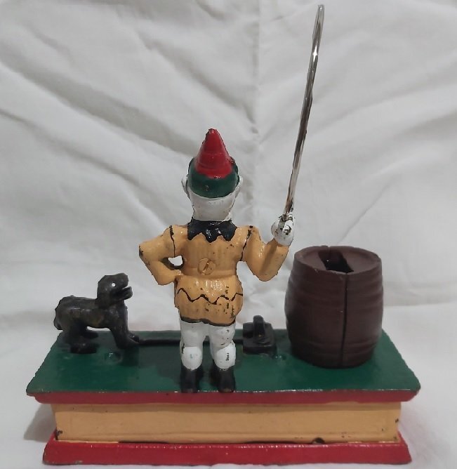 Salvadanaio Ghisa Meccanico Vintage Mechanical Bank Coin Box Saving Circus Clown & Trick Dog