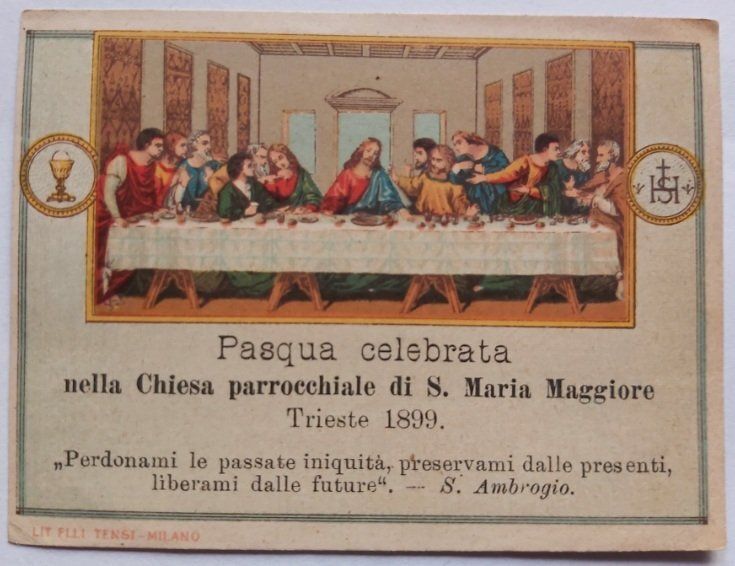 Santino Foglietto Immagine Devozionale Ultima Cena Pasqua Celebrata nella Chiesa Parrocchiale di S. Maria Maggiore Trieste 1899 Santino Foglietto Immagine Devozionale Ultima Cena Pasqua Celebrata nella Chiesa Parrocchiale di S. Maria Maggiore Trieste 1899