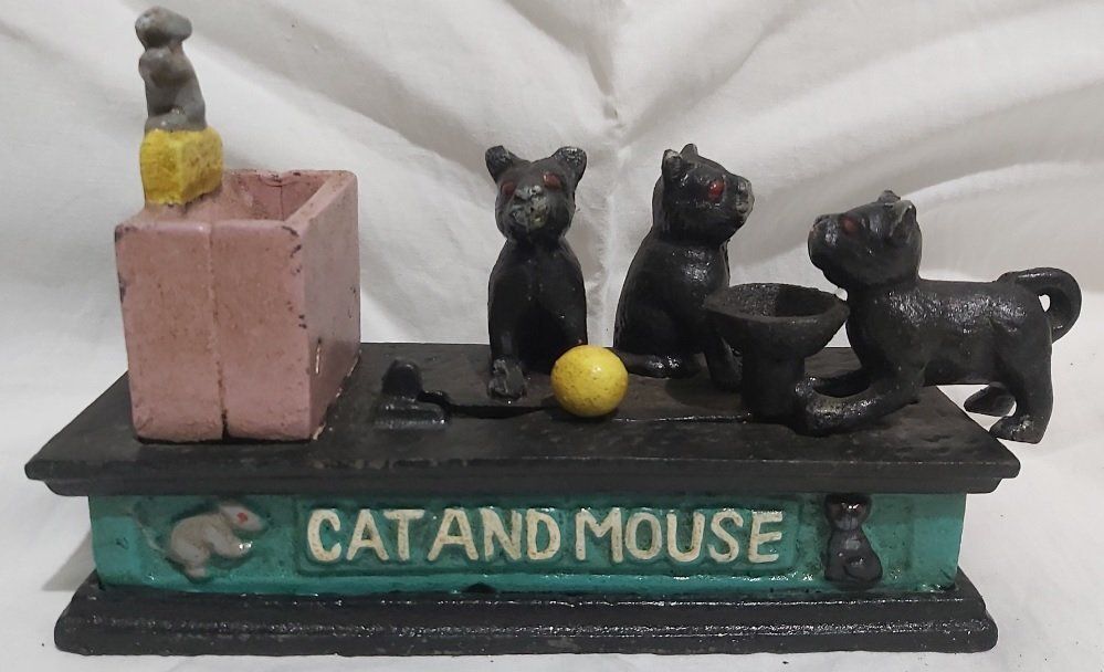 Salvadanaio Ghisa Meccanico Mechanical Bank Coin Box Saving Cat and Mouse Salvadanaio Ghisa Meccanico Mechanical Bank Coin Box Saving Cat and Mouse