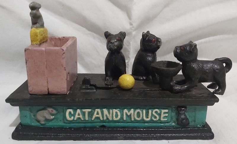 Salvadanaio Ghisa Meccanico Mechanical Bank Coin Box Saving Cat and Mouse