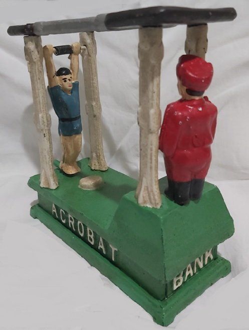 Salvadanaio Ghisa Meccanico Mechanical Bank Coin Box Saving Acrobat Football Player
