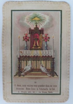 Santino Holy Card Merlettato Immagine Religiosa Altare Due Colombe, 1800 Santino Holy Card Merlettato Immagine Religiosa Altare Due Colombe, 1800