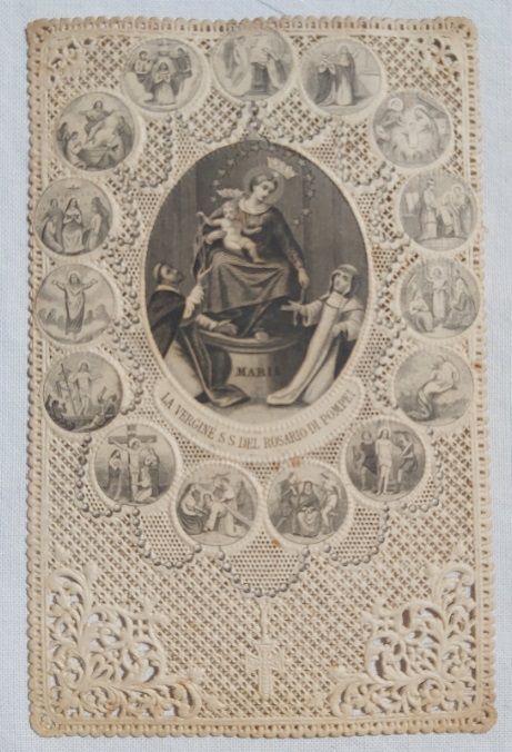 Santino Holy Card Merlettato Religioso Souvenir Vergine Maria Santissima Rosario Pompei 1894
