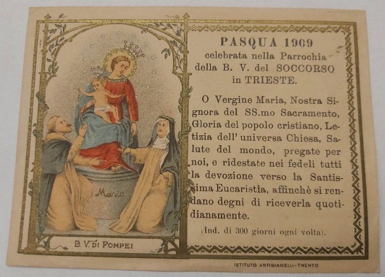 Santino Holy Card Pasqua Parrocchia della B. V. del Soccorso in Trieste 1909