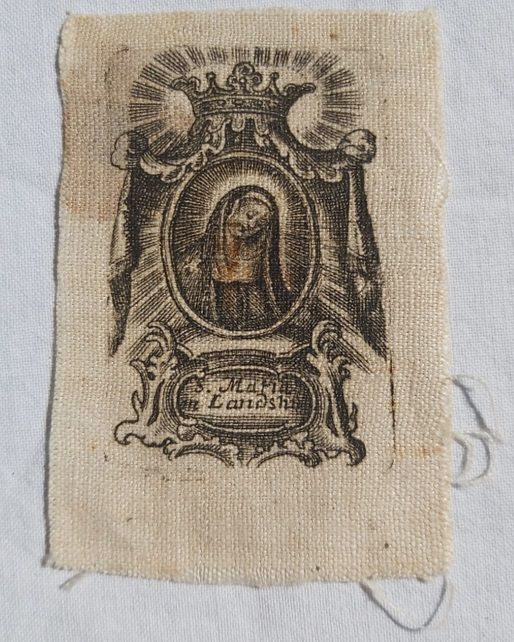 Immagine Religiosa Incisione su Stoffa S. Maria in Landshut XIX secolo Immagine Religiosa Incisione su Stoffa S. Maria in Landshut XIX secolo