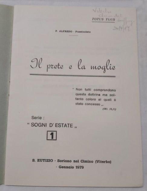 Libretto Il Prete e la Moglie 1979, P. Alfredo Passionista
