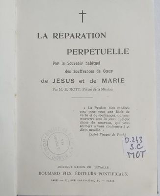 Libro Libro "La Reparation Perpetuelle par le Souvenir habituel des Souffrances de Coeur de Jésus et de Marie" 1913