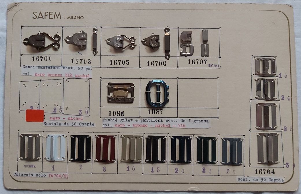 Campionario Cartella Tabella Antica Merceria SAPEM Milano Ganci Fibbie Gilet e Pantaloni SAP5 Campionario Cartella Tabella Antica Merceria SAPEM Milano Ganci Fibbie Gilet e Pantaloni SAP5