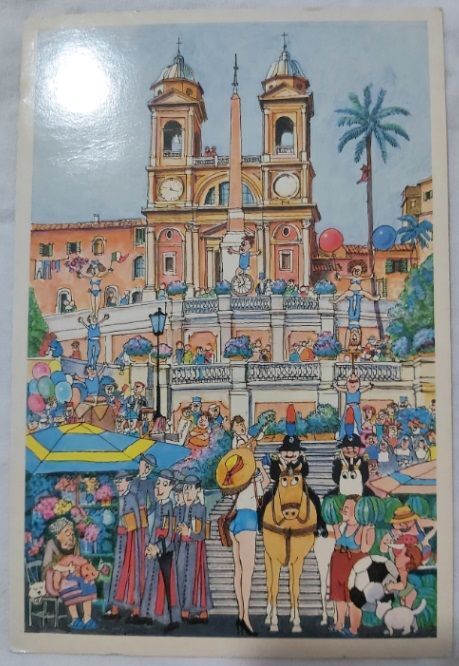 Cartolina Postale Disegno Fumetto Piazza di Spagna Trinità dei Monti 1979 Cartolina Postale Disegno Fumetto Piazza di Spagna Trinità dei Monti 1979