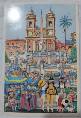 Cartolina Postale Disegno Fumetto Piazza di Spagna Trinità dei Monti 1979 Cartolina Postale Disegno Fumetto Piazza di Spagna Trinità dei Monti 1979