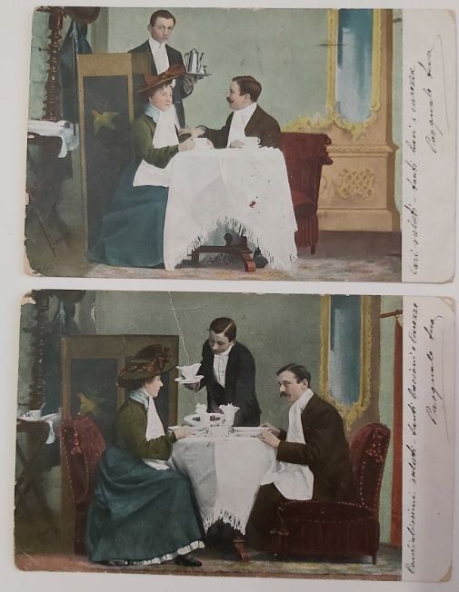 Coppia Cartoline Postali Due Momenti Tea Servito a Coppia Innamorati Anno 1904 Coppia Cartoline Postali Due Momenti Tea Servito a Coppia Innamorati Anno 1904
