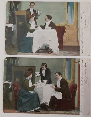 Coppia Cartoline Postali Due Momenti Tea Servito a Coppia Innamorati Anno 1904 Coppia Cartoline Postali Due Momenti Tea Servito a Coppia Innamorati Anno 1904