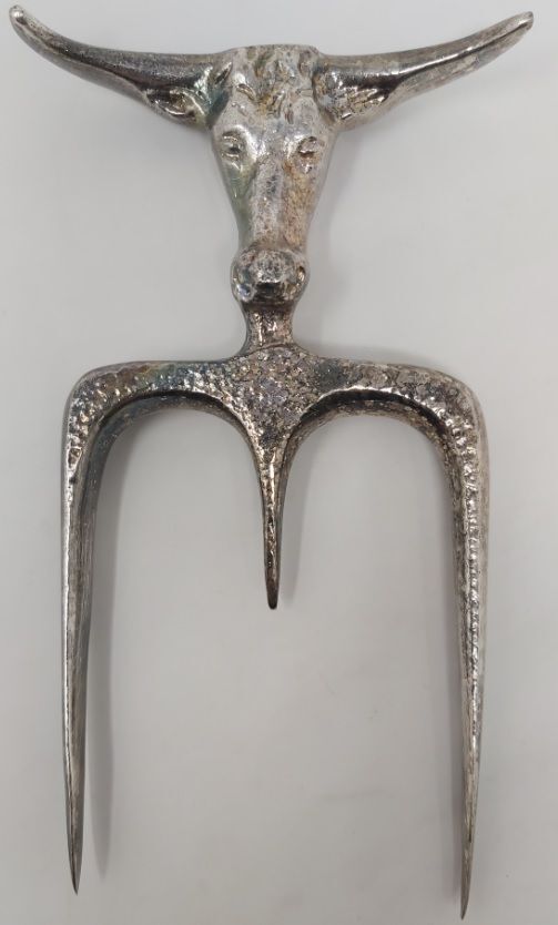 Forchettone Ferma Arrosto Metallo con Bue Anni '60-'70 Forchettone Ferma Arrosto Metallo con Bue Anni '60-'70