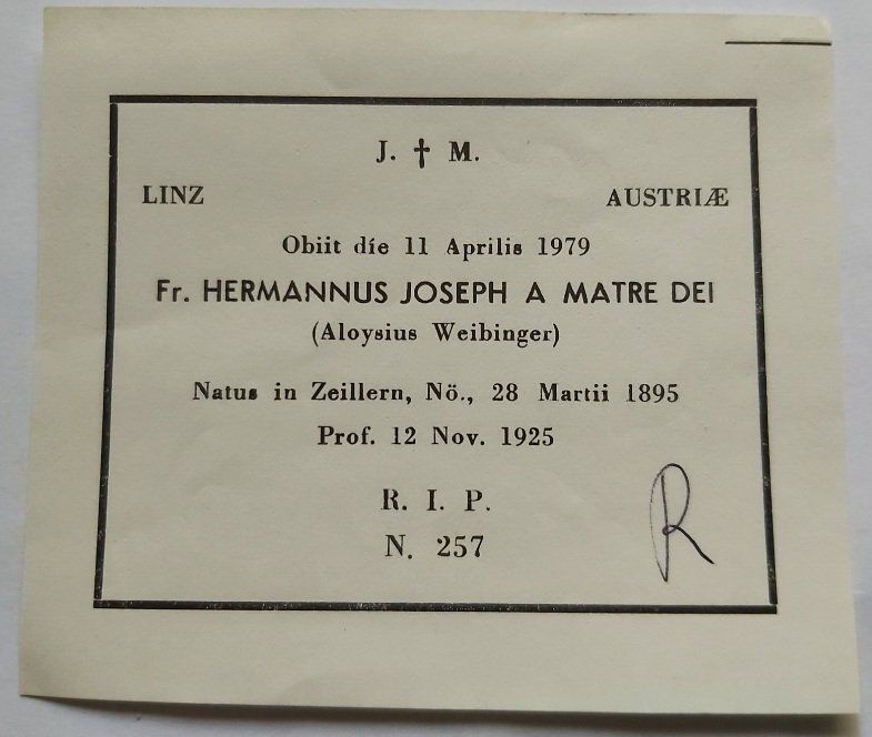 Foglietto Tratto dall'Elenco dei Fratelli Defunti Hermannus Joseph Foglietto Tratto dall'Elenco dei Fratelli Defunti Hermannus Joseph