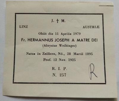 Foglietto Tratto dall'Elenco dei Fratelli Defunti Hermannus Joseph Foglietto Tratto dall'Elenco dei Fratelli Defunti Hermannus Joseph