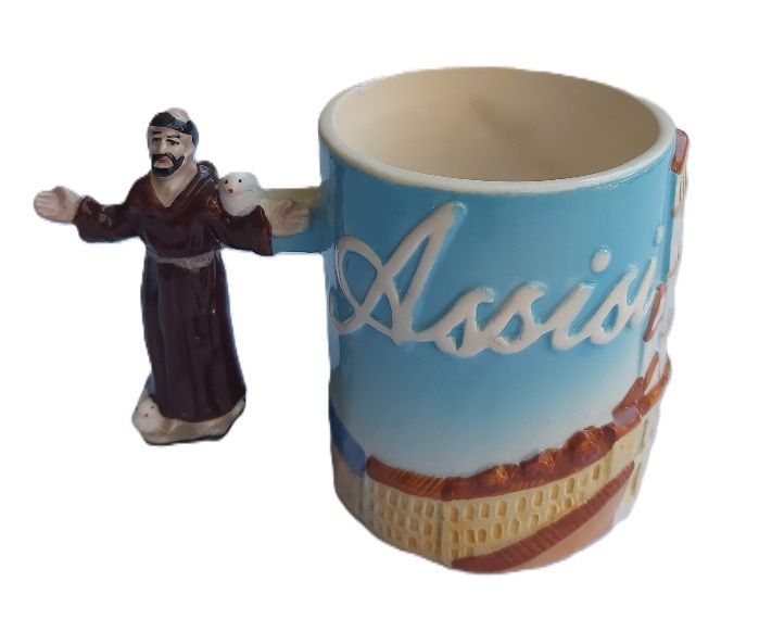 Boccale Tazza Bicchiere Ceramica Souvenir Assisi Manico Statua San Francesco