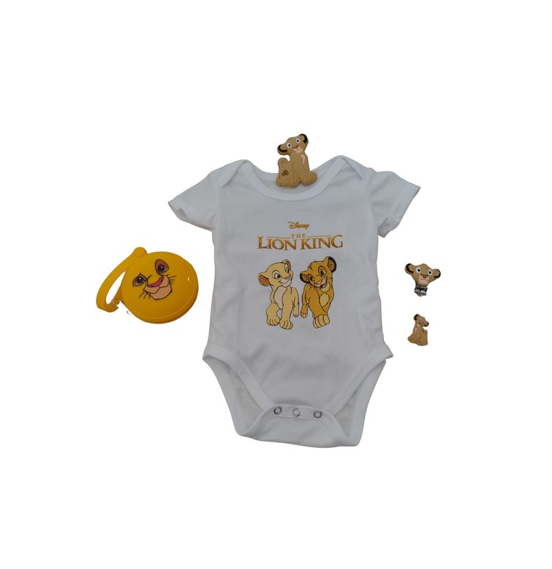 BODY BLANCO MANGA CORTA REY LEON CON CHUPETERO, MORDEDOR Y PORTACHUPETES