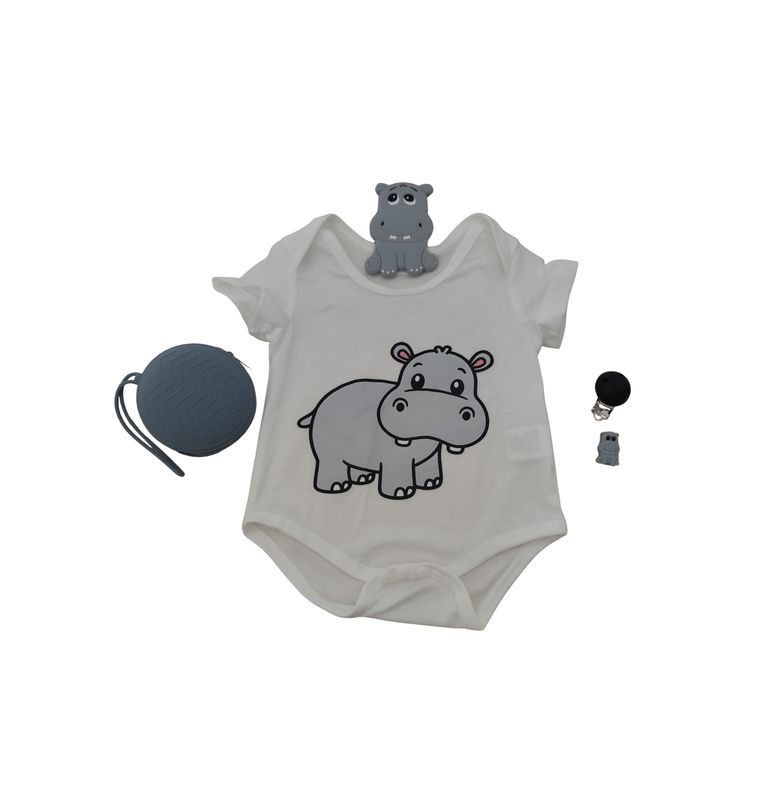 BODY MANGA CORTA HIPOPÓTAMO, CON CHUPETERO, MORDEDOR Y PORTACHUPETES