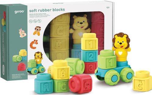 Pack de 19 bloques de goma suave Giros con letras y números. Juguete sensorial seguro, ideal para apilar y desarrollar el aprendizaje temprano en bebés.