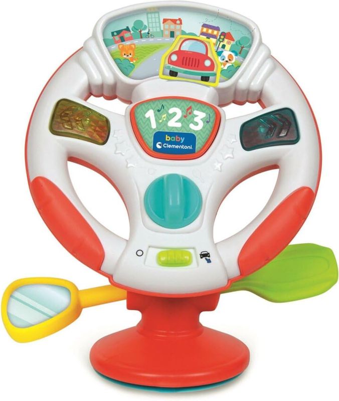 Volante interactivo Baby Clementoni para bebés. Con luces, sonidos y actividades que estimulan la motricidad y el lenguaje. ¡Diversión garantizada!