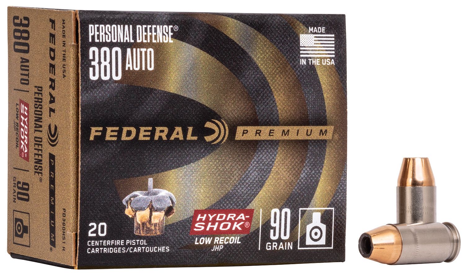 Federal PD380HS1H Premium Personal Defense Low Recoil 380ACP 90gr Hydra-Shok Jacketed Hollow Point 20 Per Box