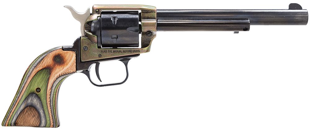 Heritage Mfg Rough Rider 22 LR 6 Shot, 6.50" Black Oxide Steel Barrel, Simulated Case Hardened Zinc Alloy Frame, Black Oxide Cylinder, Camo Laminate Grip, Manual Safety, Exposed Hammer