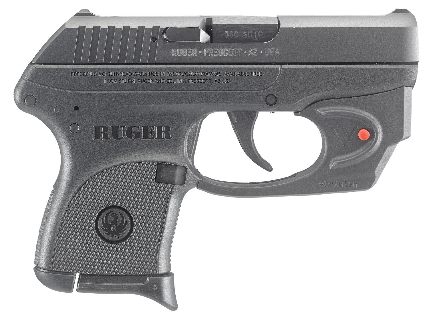 Ruger LCP w/Laser 380 ACP 6+1 2.75" Black Steel Barrel, Black Oxide Serrated Steel Slide, Black Polymer Frame, Black Polymer Grip, Viridian E-Series Red Laser