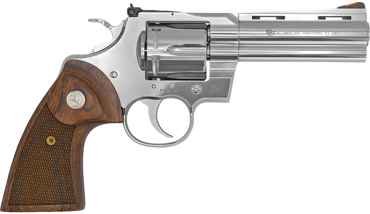 Colt Mfg  Python 38 Special/357 Mag 6 Shot 4.25" Stainless Vent Recessed Target/Vent Rib Barrel, Cylinder &amp; Frame, Walnut w/Colt Medallion Grip