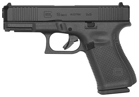 Glock G19 Gen5 Compact 9mm Luger 15+1 4.02" Black GMB Barrel, Black nDLC Serrated Slide, Black Polymer Frame w/Picatinny Rail, Black Textured w/Interchangeable Backstrap Grip. Ambidextrous