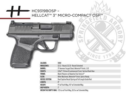 Springfield Armory Hellcat OSP Micro Compact 9mm Luger 13+1 3" Black Melonite Steel Barrel &amp; Optic Ready/Serrated Slide, Black Polymer Frame w/Picatinny Rail, Adaptive Texture Grip