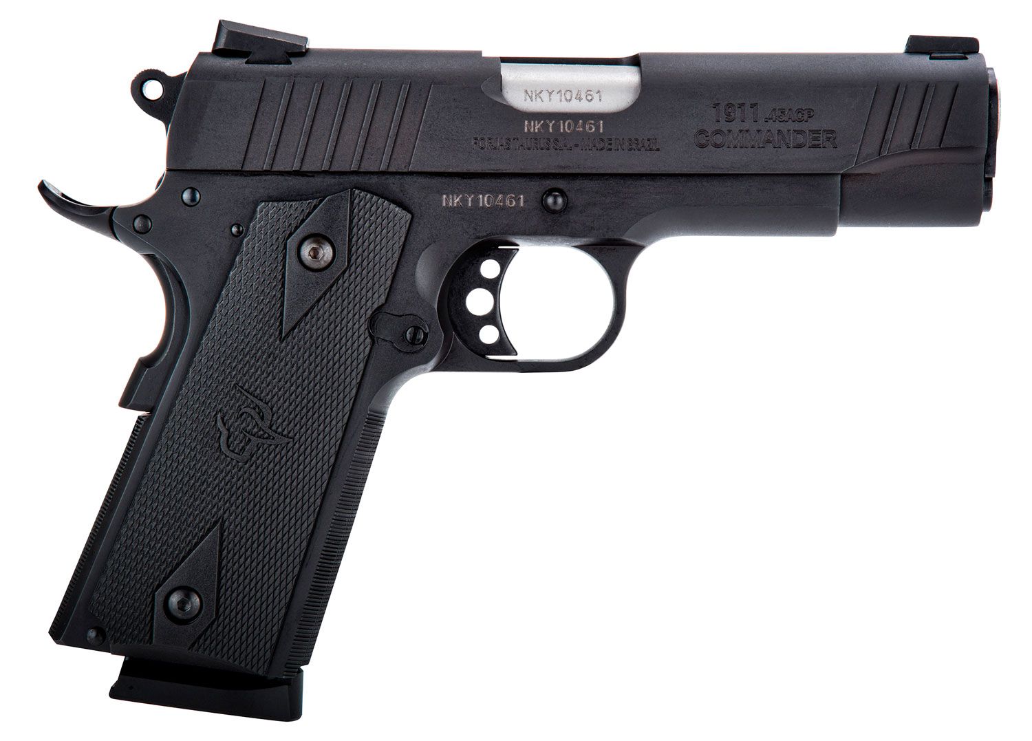 Taurus 1911 Commander 45 ACP Caliber with 4.20" Barrel, 8+1 Capacity, Overall Matte Black Finish Steel, Beavertail Frame, Serrated Slide &amp; Checkered Polymer Grip Includes Magazine