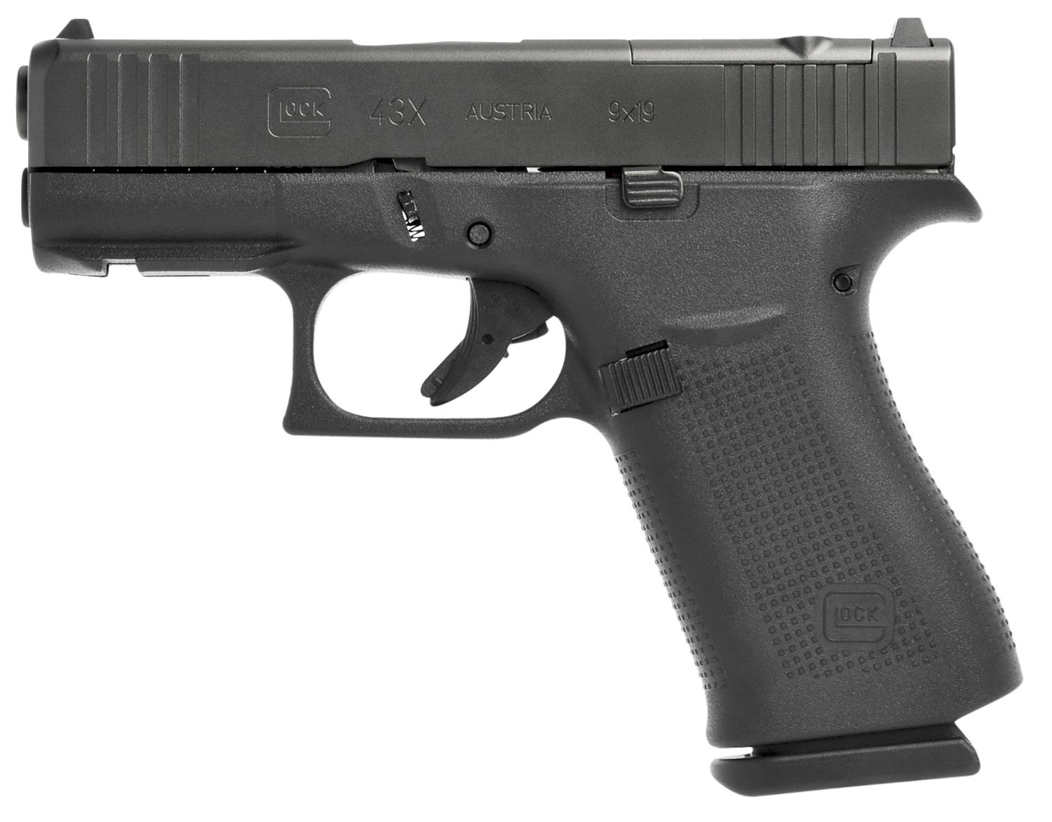 Glock G43X MOS Slim Sub-Compact 9mm Luger 10+1, 3.41" Black GMB Barrel, Black MOS Cut/Serrated Steel Slide, Polymer Frame w/Beavertail, Black Textured Polymer Grip Ambidextrous, USA Made