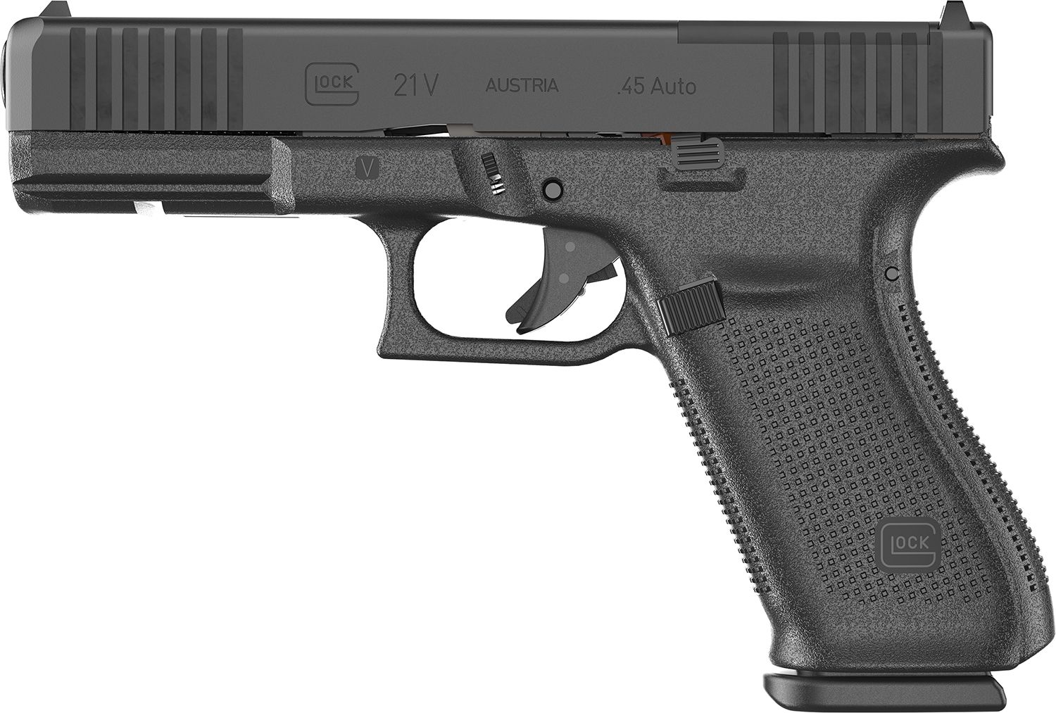 Glock G21 V MOS Full Size 45 ACP 13+1 4.61" Black GMB Barrel, Black nDLC Steel Optic Ready/Serrated Slide, Black Polymer Frame w/Accessory Rail, Textured Polymer Grip, Ambidextrous