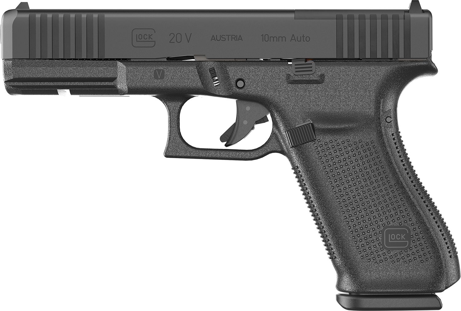 Glock G20 V MOS Standard Frame 10mm Auto 15+1 4.61" Black GMB Barrel, Black nDLC Steel Optic Ready/Serrated Slide, Black Polymer Frame w/Accessory Rail, Textured Polymer Grip, Ambidextrous