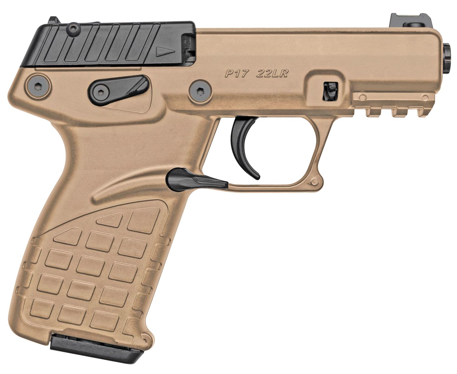 Kel-Tec P17 Compact Frame 22 LR 16+1 3.80" Black Steel Threaded Barrel, Tan Serrated Slide, Tan w/Black Controls Polymer Frame w/Picatinny Rail, Textured Grip, Ambidextrous