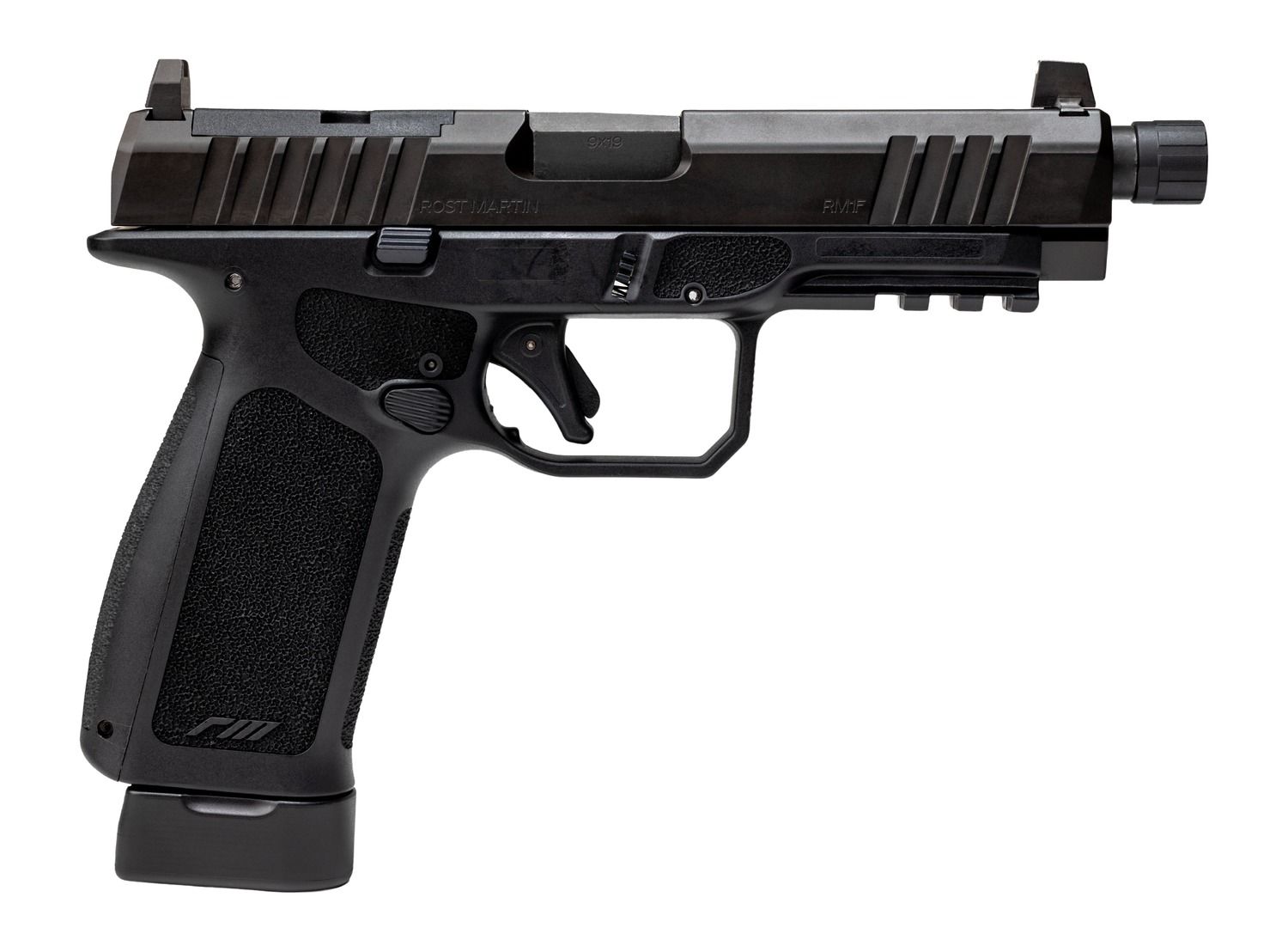 Rost Martin RM1F Tactical 9mm Luger 24+1 4.50" Black Threaded Barrel, Black Nitron Steel Optic Ready/Serrated Slide, Black Polymer Frame w/Picatinny Rail, Interchangeable Backstrap Grip, RMR Footprint