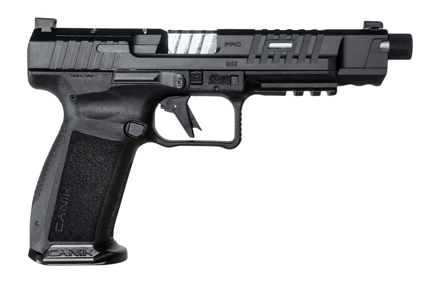 Canik Mete SFx Pro Full Size 9mm Luger 20+1 5.74" Chrome Plated Threaded Barrel, Black Steel Optic Ready/Serrated Slide, Black Polymer Frame w/Picatinny Rail, Interchangeable Backstrap Grip
