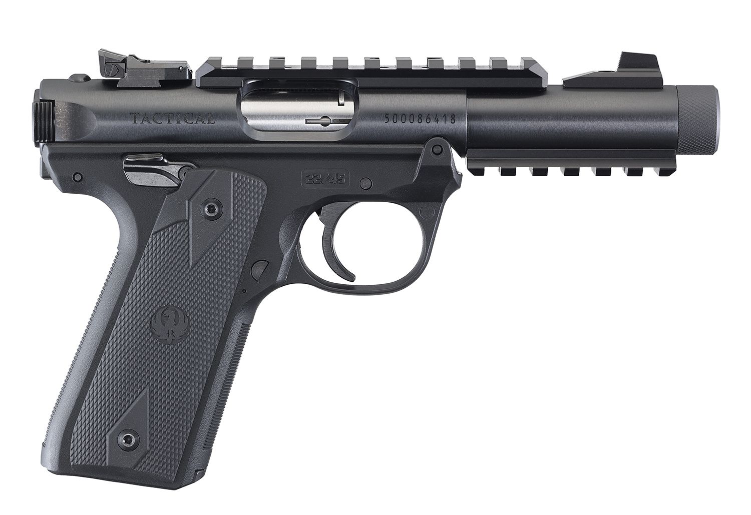 Ruger Mark IV 22/45 Tactical 22 LR 10+1 4.40" Steel/Threaded Barrel, Blued Slide, Black Checkered 1911-Style Panel Grip, Features Top &amp; Bottom Picatinny Rails