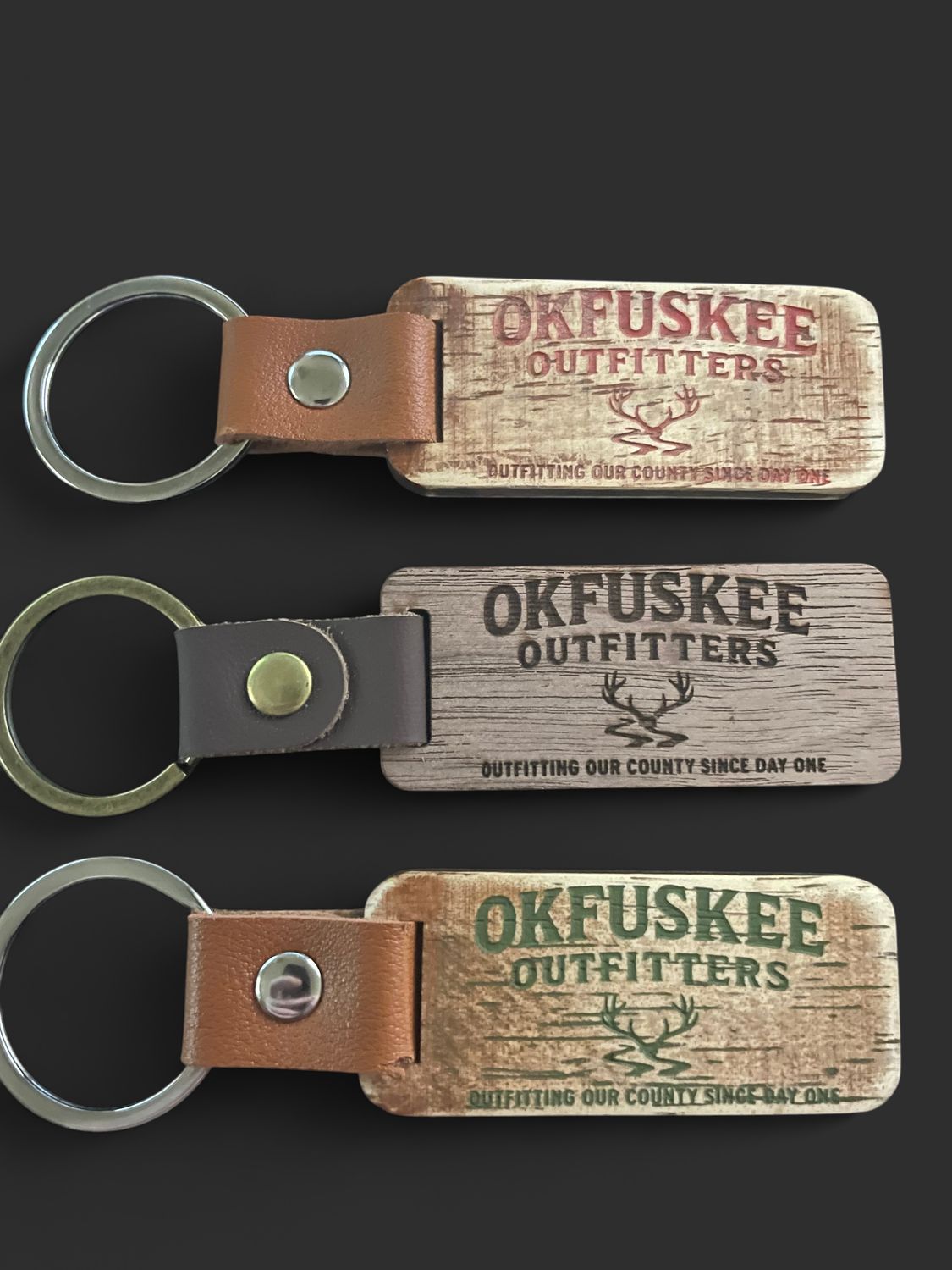 Okfuskee Outfitters Keychain, Leather and Walnut, Material: Wood
