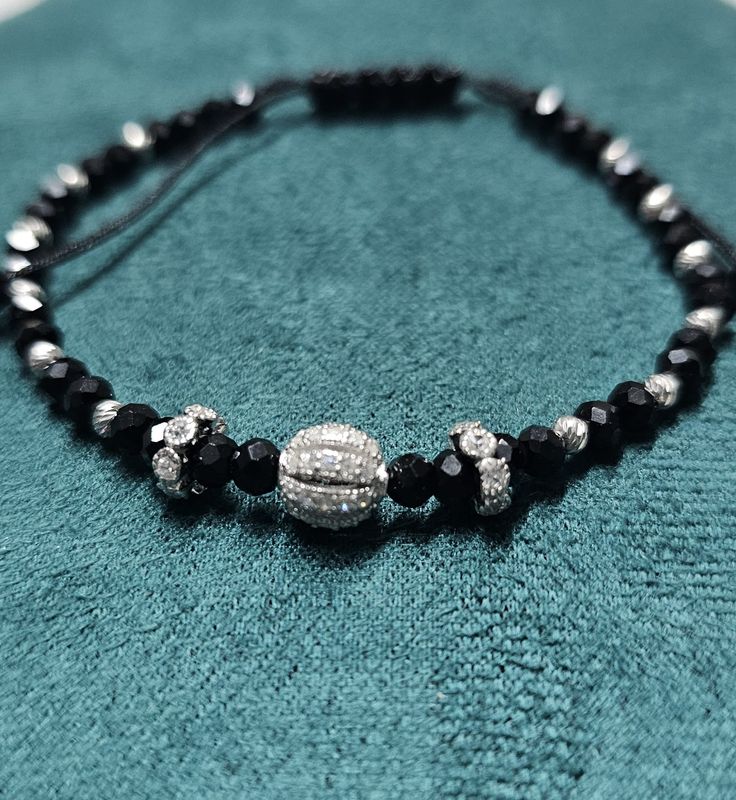 Black Beaded Bracelet for Men & Women – Sterling Silver Center Bead – Adjustable Minimalist Bracelet – Gift for Him or Her – Handmade UK