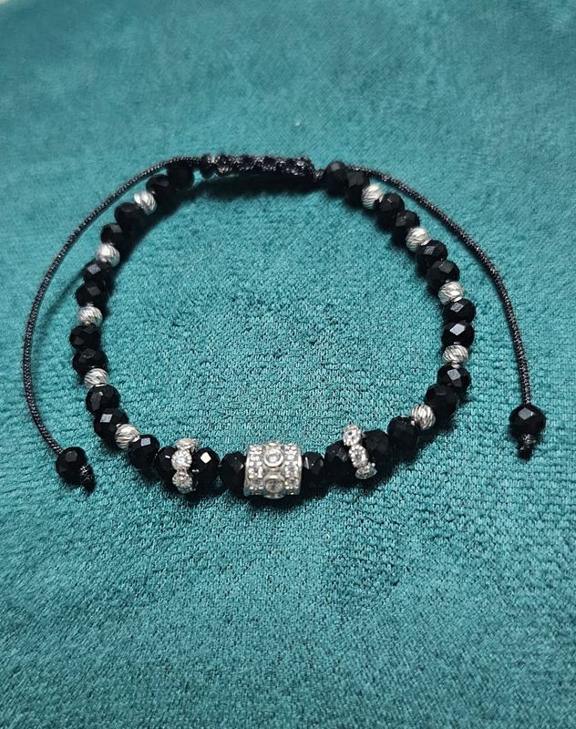 Black Beaded Bracelet for Men & Women – Sterling Silver Center Bead – Adjustable Minimalist Bracelet – Gift for Him or Her – Handmade UK