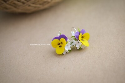 Yellow and violet pansy earrings