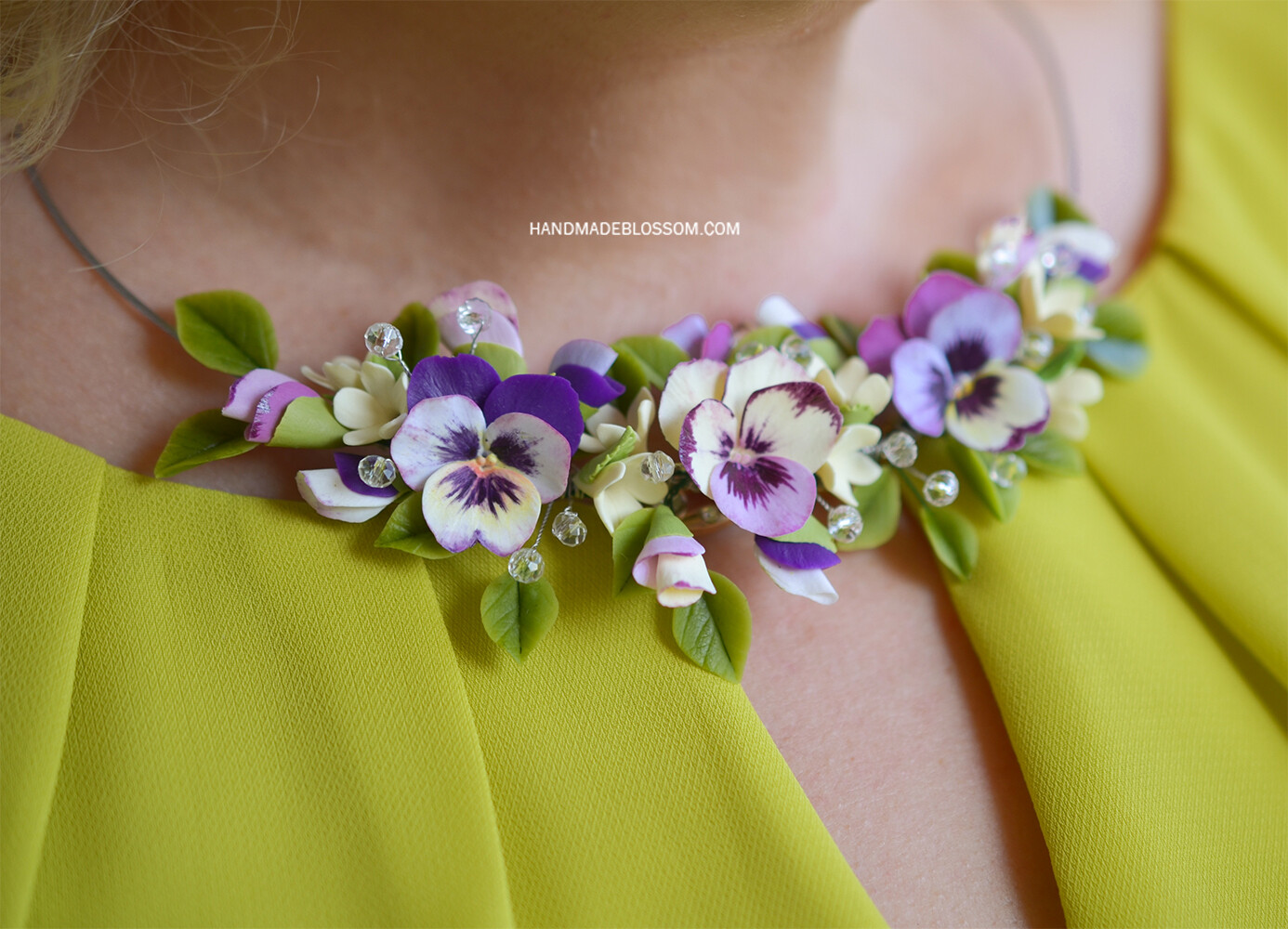 Purple pansy necklace, Flower jewelry