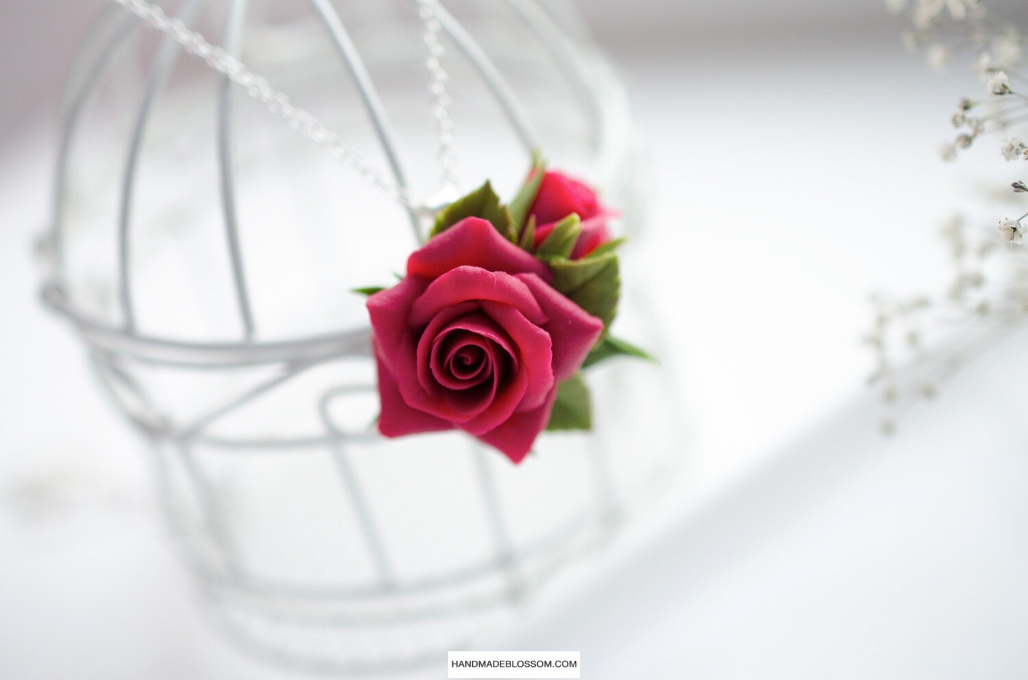 Red rose necklace, Floral clay pendant