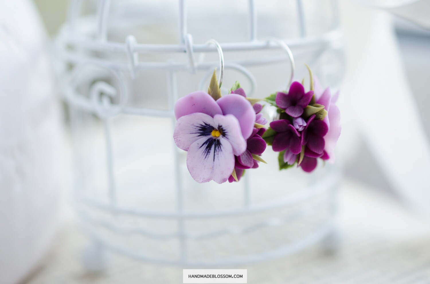 Purple pansy earrings