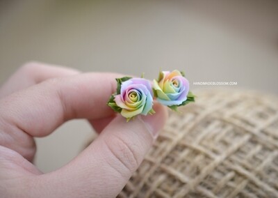 Pastel rainbow rose earrings, Flower studs
