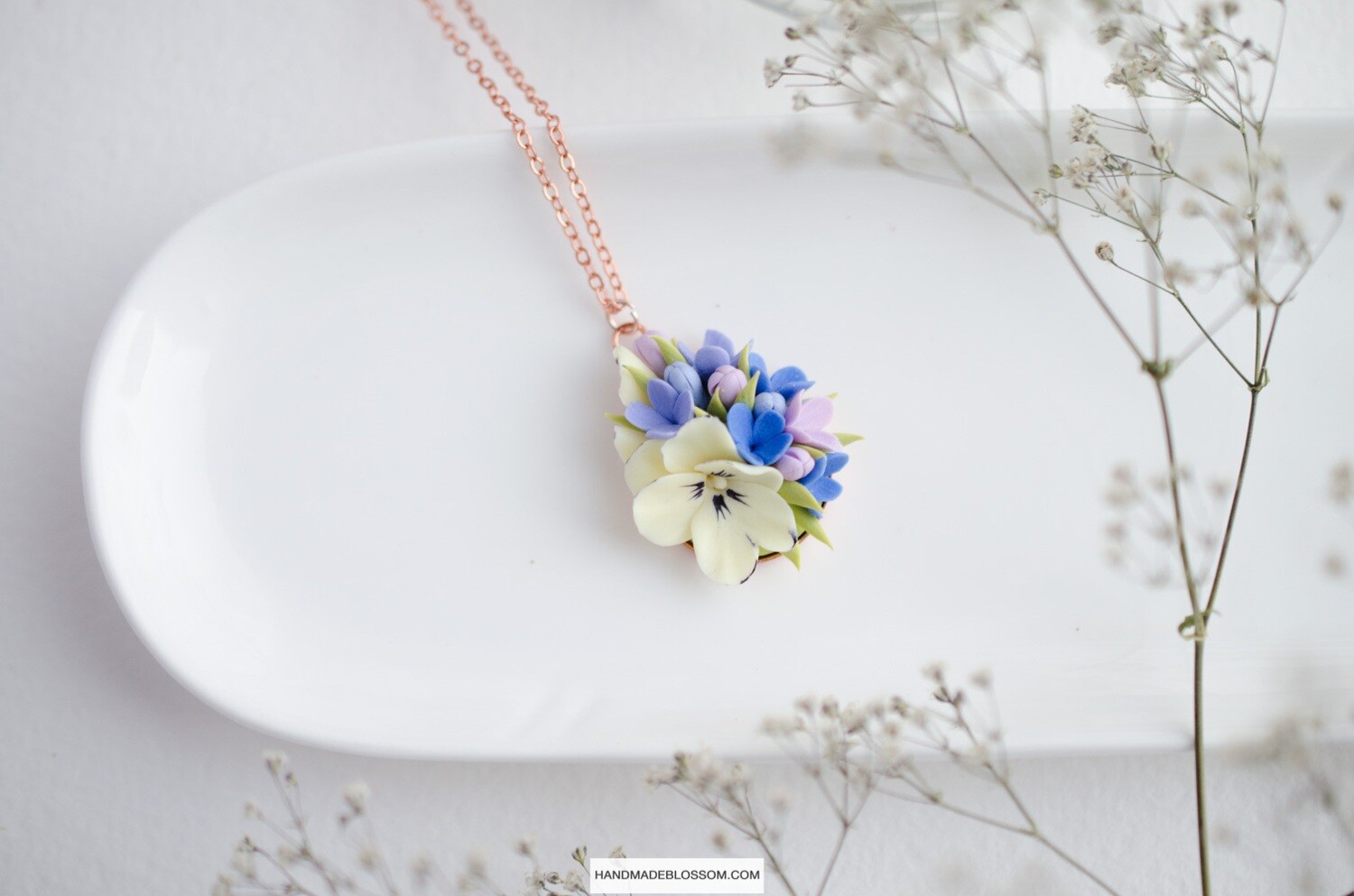 Delicate yellow pansy necklace, Blue flower charm