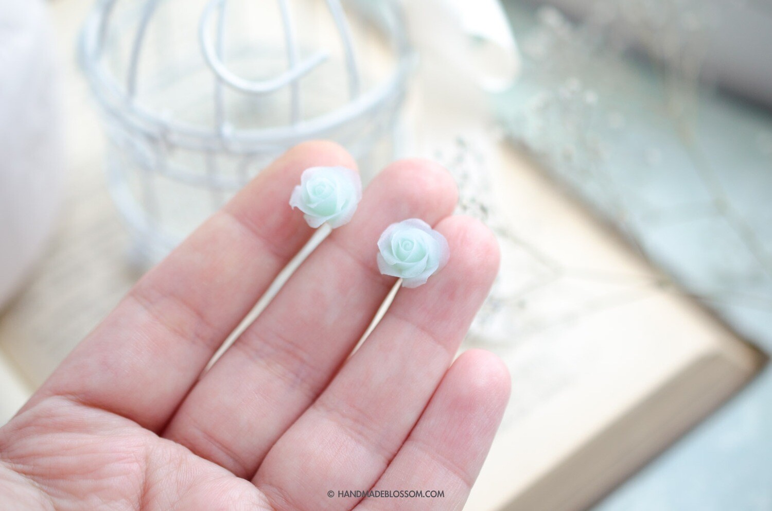 Mint roses stud earrings, Tiny translucent studs