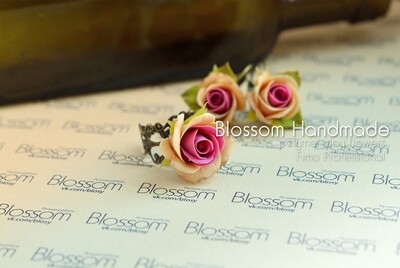 Dark red and beige rose earrings and ring, Flower roses set