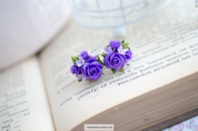 Tiny rose flowers earrings, Purple miniature earrings